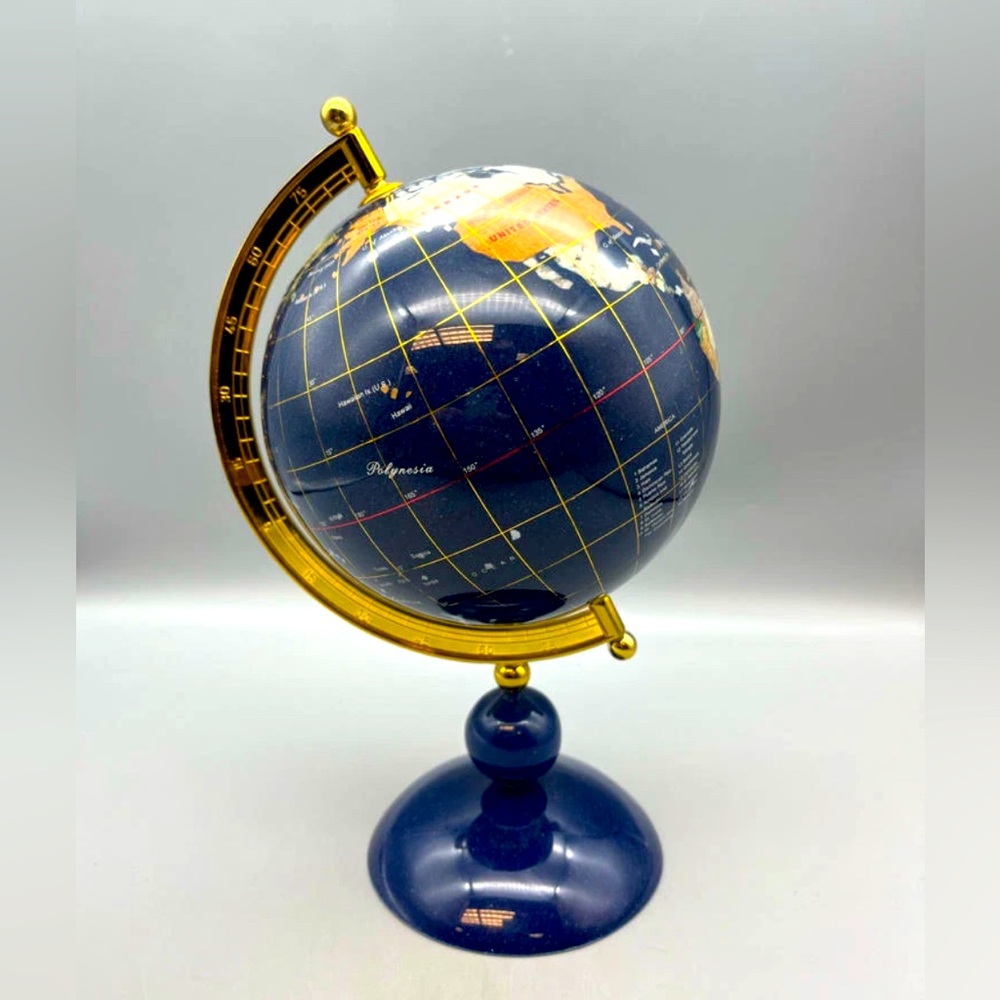 Vintage Lapis Lazuli & Inlaid Semiprecious Stones Desktop Globe - Picture 3 of 7